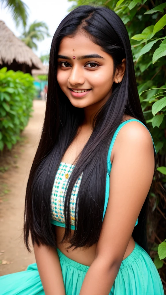 beautiful cute young attractive indian teenage girl, village girl, 18 years old, cute, Instagram model, long black_hair, colorful hair, indian, huge big breasts, little smiling, smooth face very realistic
