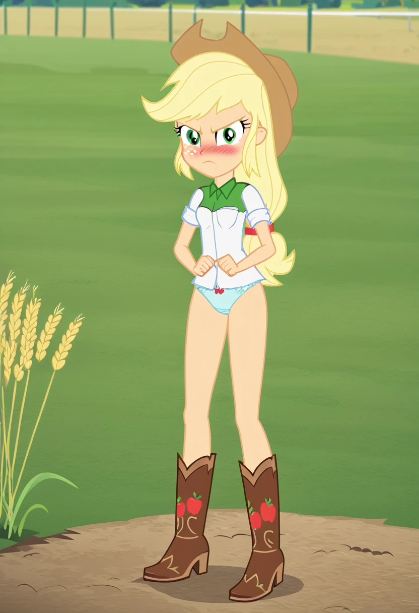 (masterpiece, best quality:1.2), full body,solo,1girl,applejack from equestria girls ,looking at viewer,low-tied long hair,cowboy hat,shirt,wheat field,vector trace, cowboy boots, (panties), ((angry, blushing, clenching fists, standing)) ,no pants