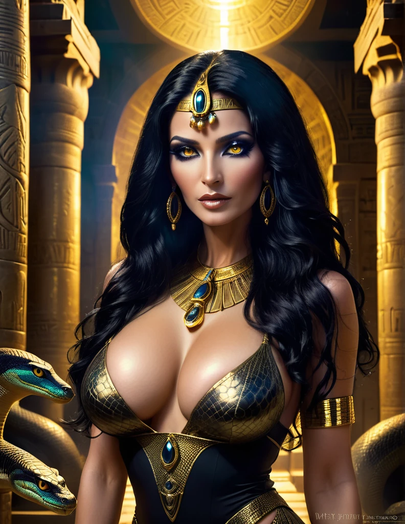 Meftys, a beautiful mature egyptian goddess with snake skin, long flowing black hair, glowing golden eyes with reptilian pupils, swollen lactating breasts, form-fitting translucent black and gold dress, adorned with ancient egyptian jewelry, standing in a mysterious ancient temple, dramatic gothic dominatrix vibes, intense cinematic lighting, supernatural 8k scene, breathtaking beauty and depth
