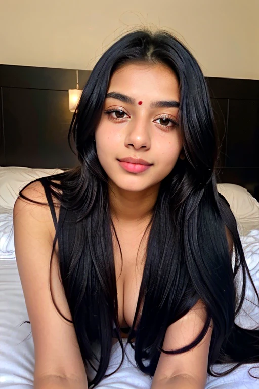 sanjana saba with big   ,perfect, bang hair hairstyle with an inocent look on her face,being cute,naked