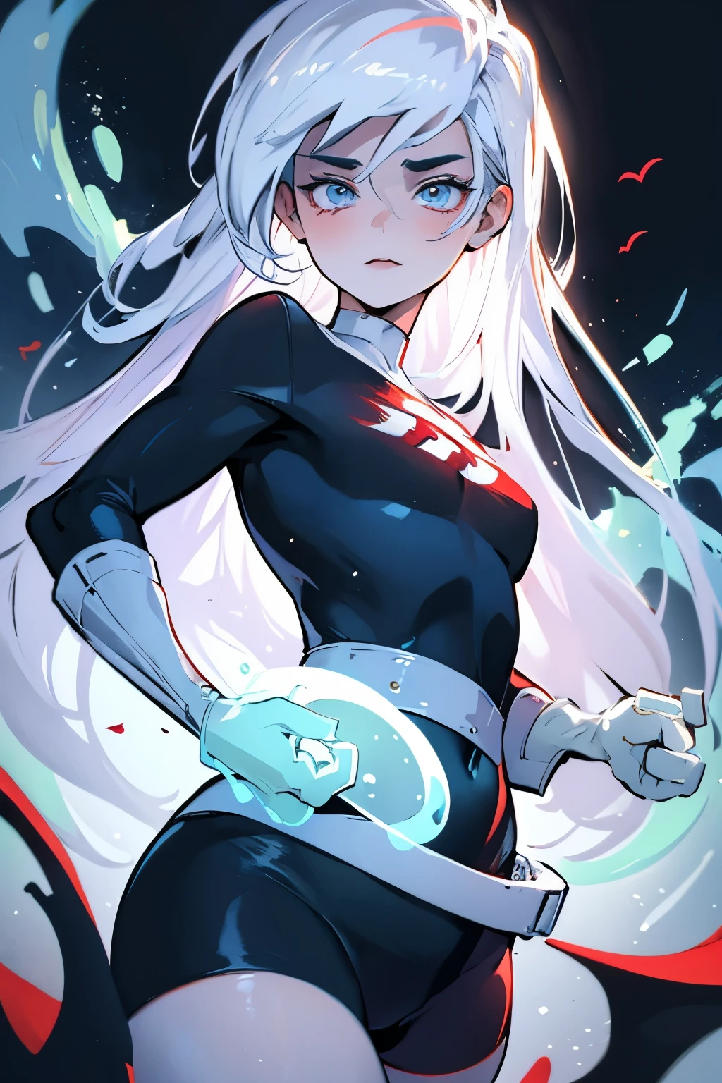 (masterpiece), best quality, expressive eyes, perfect face, highres, 1girl, solo, (female:1.5), danny phantom, white hair, long hair, white gloves, black bodysuit, standing, upper body, looking at the viewer