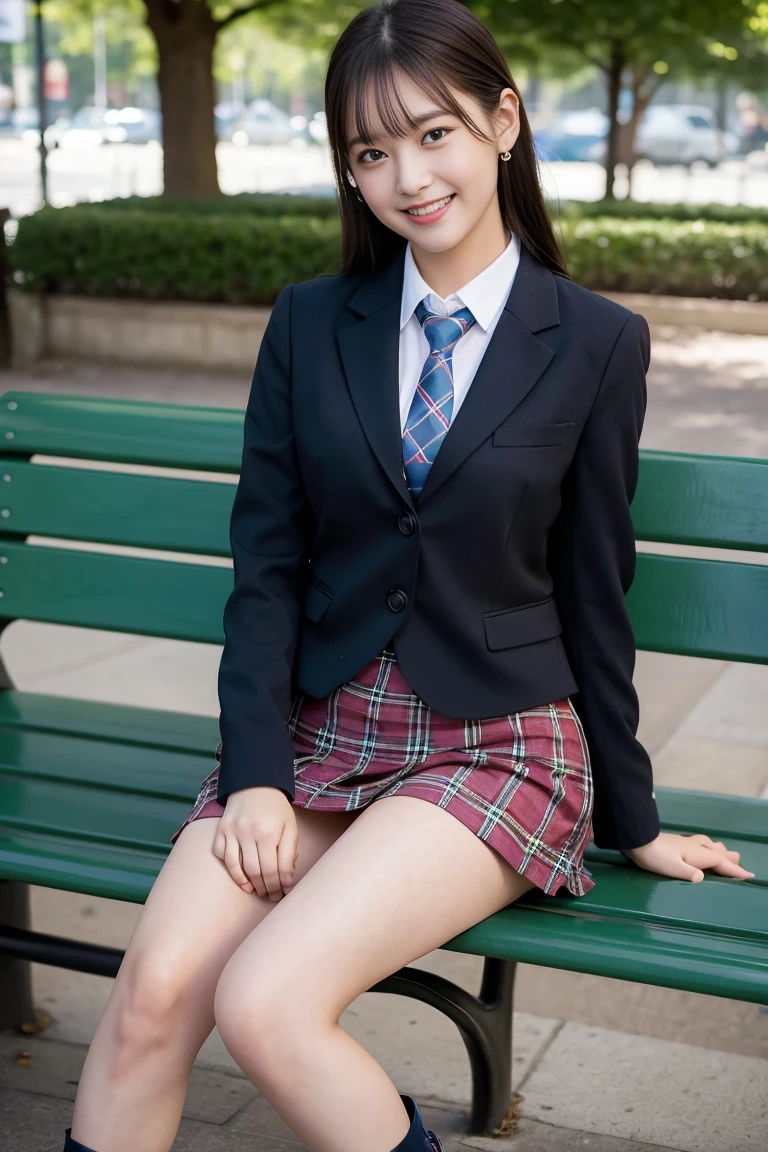 (8K), (highest quality: 1.2), (Realistic), (Realistic: 1.37), Ultra-high resolution, 1 girl, cute, (Embarrassed smile:1.2), (Blushing:1.4),Mouth closed, Beautiful details, Beautiful Nose, black straight Hair, giant dulcefo, pork, Thighs,Navel exposed,University Student Uniform,A simple blazer,Pleated skirt,(The skirt and tie are tartan check pattern.:1.3),Platform boots, (sitting on a park bench:1.2),(Shiny Thighs:1.2), medium shot