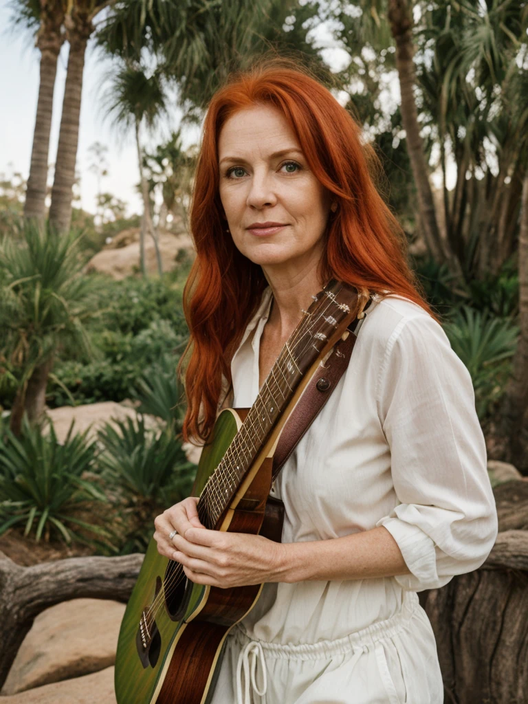 portrait, her name is Mia, high quality, 1 old woman, ((40-year-old guitar-shaped body irish woman)), (((40 years old))), wide hips, (wrinkled body), (old body), (((red hair))), (pale skin), milf, ((green eyes)), she is wearing tan safari romper, dynamic pose, BREAK, BACKGROUND: outdoor: San Diego Zoo