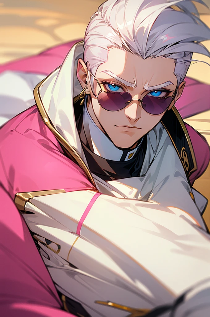 Adult male，Off-white hair，Slicked back，Eyes as blue as the sky，Pink sunglasses，Pink suit，Gold round earrings，Gold eyebrow studs，Host，brave，justice