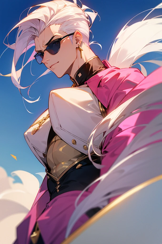 Adult male,Off-white hair,Slicked back,Eyes as blue as the sky,Pink sunglasses,Pink suit,Gold round earrings,Gold eyebrow studs,Host,brave,justice