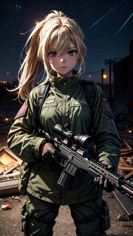 high quality, High-resolution images, Full HD、8k.A young girl with blonde hair and a ponytail wearing a US military uniform and a helmet pulled down low on her head., He has a rifle.、Late night city, Put on a night scope,Binoculars night vision scope, Pitch black. The light from the night scope is green.,,(Shooting a gun from the rubble),((Lower the night scope to your eye,))