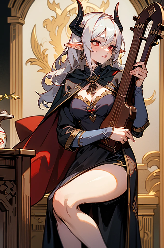 1girl, thirty years old, woman, little black horns, solo, in a medieval tavern, seductive, mature, deep red eyes, [Short hair], wavy hair, [White hair], androgyne, elf ears, delicate skin, lipstick, makeup, mature female, dark dress with cape, black dress, embroidery, mystic atmosphere, masterpiece, best quality, 8K, luth instrument