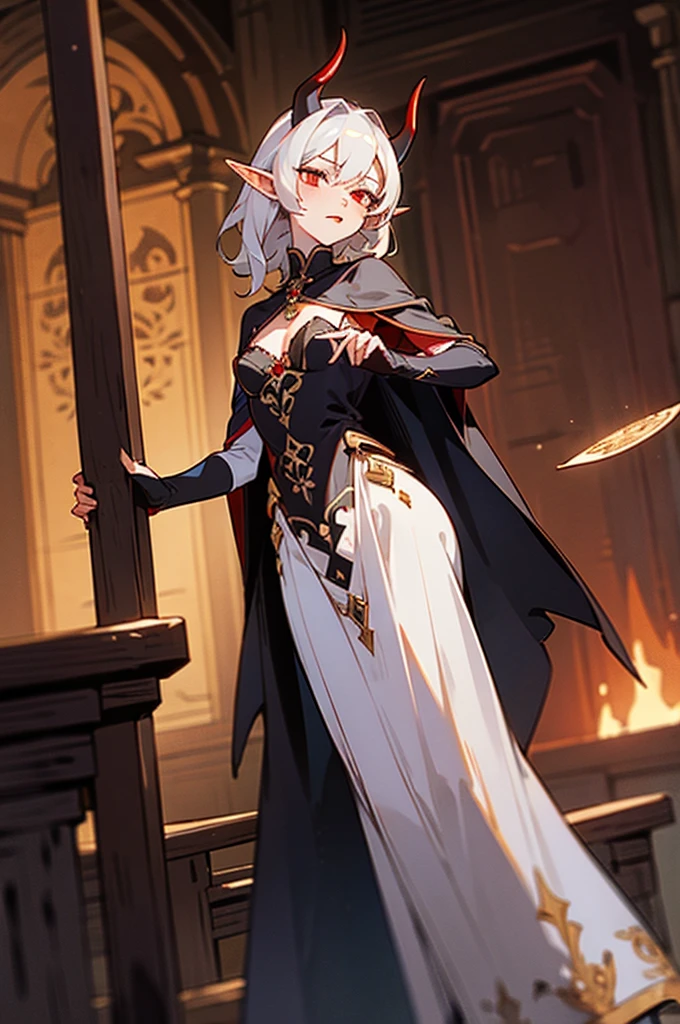 1girl, thirty years old, woman, little black horns, solo, in a medieval tavern, seductive, mature, deep red eyes, [Short hair], wavy hair, [White hair], androgyne, elf ears, delicate skin, lipstick, makeup, mature female, dark dress with cape, black dress, embroidery, mystic atmosphere, masterpiece, best quality, 8K, luth instrument