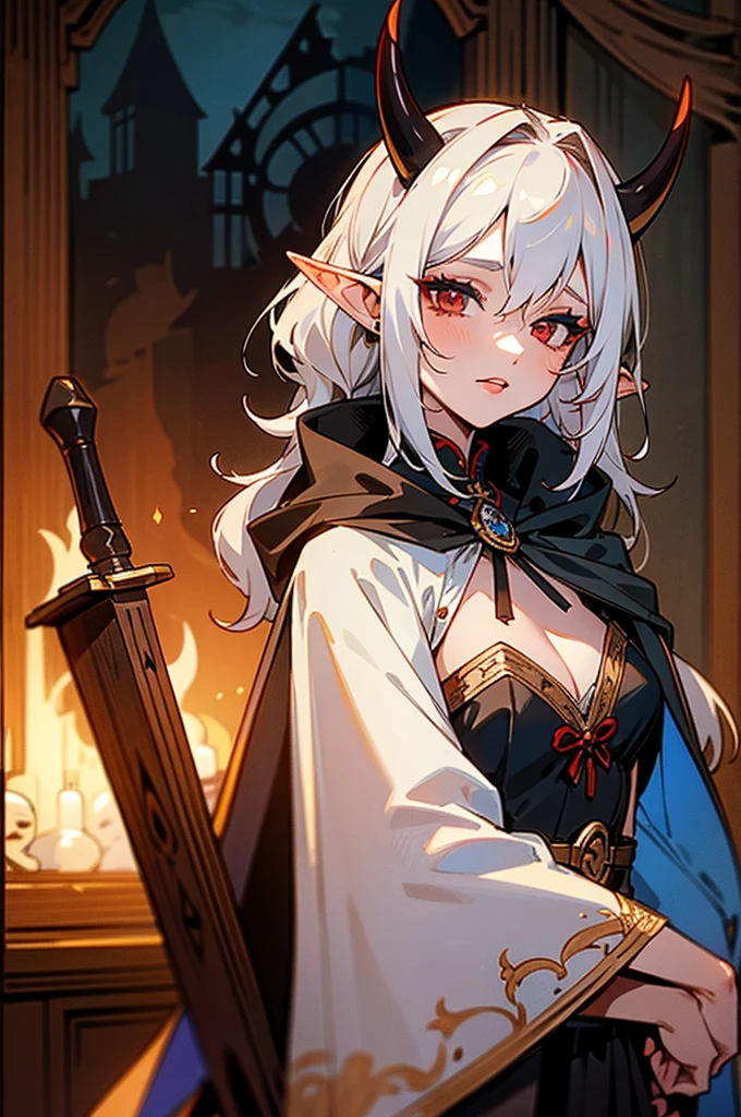 1girl, thirty years old, woman, little black horns, solo, in a medieval tavern, seductive, mature, deep red eyes, [Short hair], wavy hair, [White hair], androgyne, elf ears, delicate skin, lipstick, makeup, mature female, dark dress with cape, black dress, embroidery, mystic atmosphere, masterpiece, best quality, 8K, luth instrument