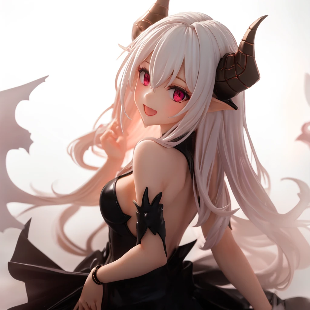 (((1 demon girl))), ((detailed blue eyes)), ((long silver hair)), large breasts, perfectly drawn body, seductive, black bra, black panties, perfect butt, rear view, backside view, best quality, masterpiece, ultra-detailed