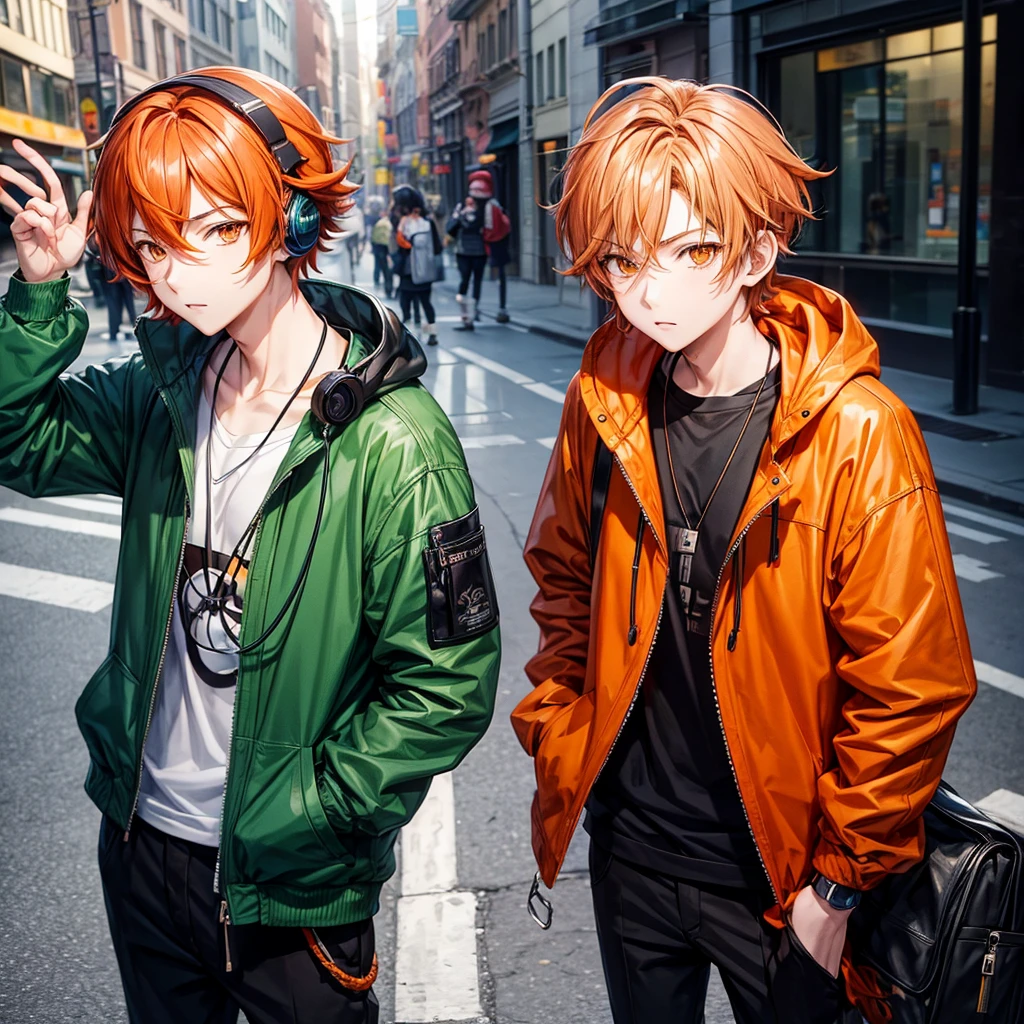 Anime style boy with short wavy shoulder-length orange hair , black almond eyes on the street with a green jacket and black headphones around his neck