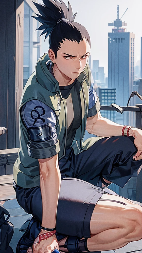 In the manga series "NARUTO" a man named "Sikamaru" with his trademark hairstyle tied back, is squatting on a tower and holding a long katana. The character wears a gray jacket with rolled up sleeves, a mesh undershirt, and dark pants. There are blue details on the jacket, including a circular Konaha symbol on the left sleeve. The shoes worn are similar to open-toed sandals. with 4k HDR quality, with a cyberpunk city background,,