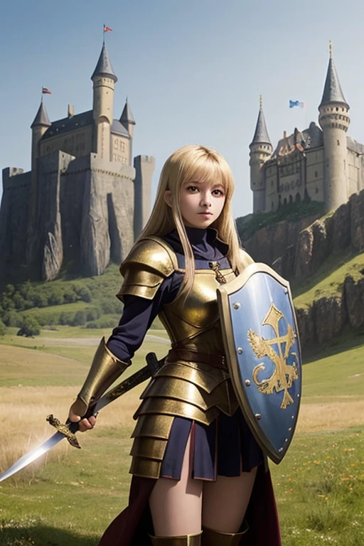 anime girl in golden armor with a sword and shield who is 20 years old in a medieval landscape with the shield raised and a castle in the distance