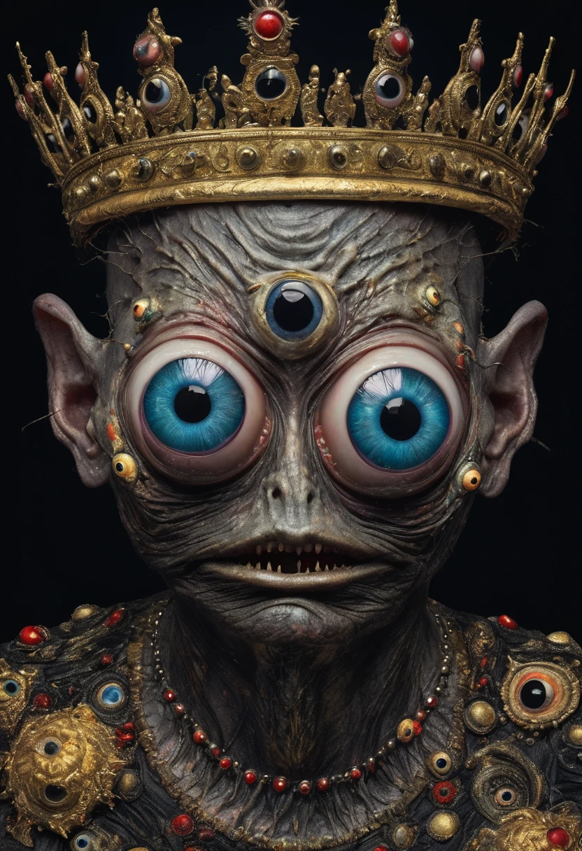 (masterpiece, best quality:1.2),Grotesque Aesthetics:1.56, Ugly faceless person,There are many eyeballs growing on the skin of the face,teeth, Solitary,Shoulder,arm,black background,crown,