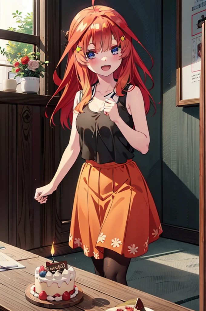 itsukinakano, Itsuki Nakano, bangs, blue eyes, Hair between the eyes, Ahoge, Redhead, star \(symbol\), hair ornaments,happy smile, smile, Open your mouth,cracker, star hair ornaments,Red Tank Top,Long skirt,Black pantyhose,Indoor slippers,Walking,There is food and a birthday cake on the table,whole bodyがイラストに入るように,
break indoors, room,
break looking at viewer,whole body,
break (masterpiece:1.2), Highest quality, High resolution, unity 8k wallpaper, (figure:0.8), (Beautiful attention to detail:1.6), Highly detailed face, Perfect lighting, Highly detailed CG, (Perfect hands, Perfect ???????),