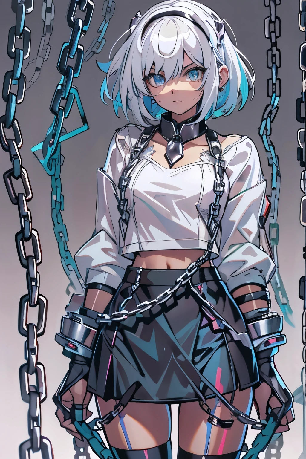 Android Girl,white hair,short and messy hair, purple neon eyes, Holding a chain whip,chains on the hands,chains action, chains around her arm, very cute, skirt, white blouse, cyberpunk theme