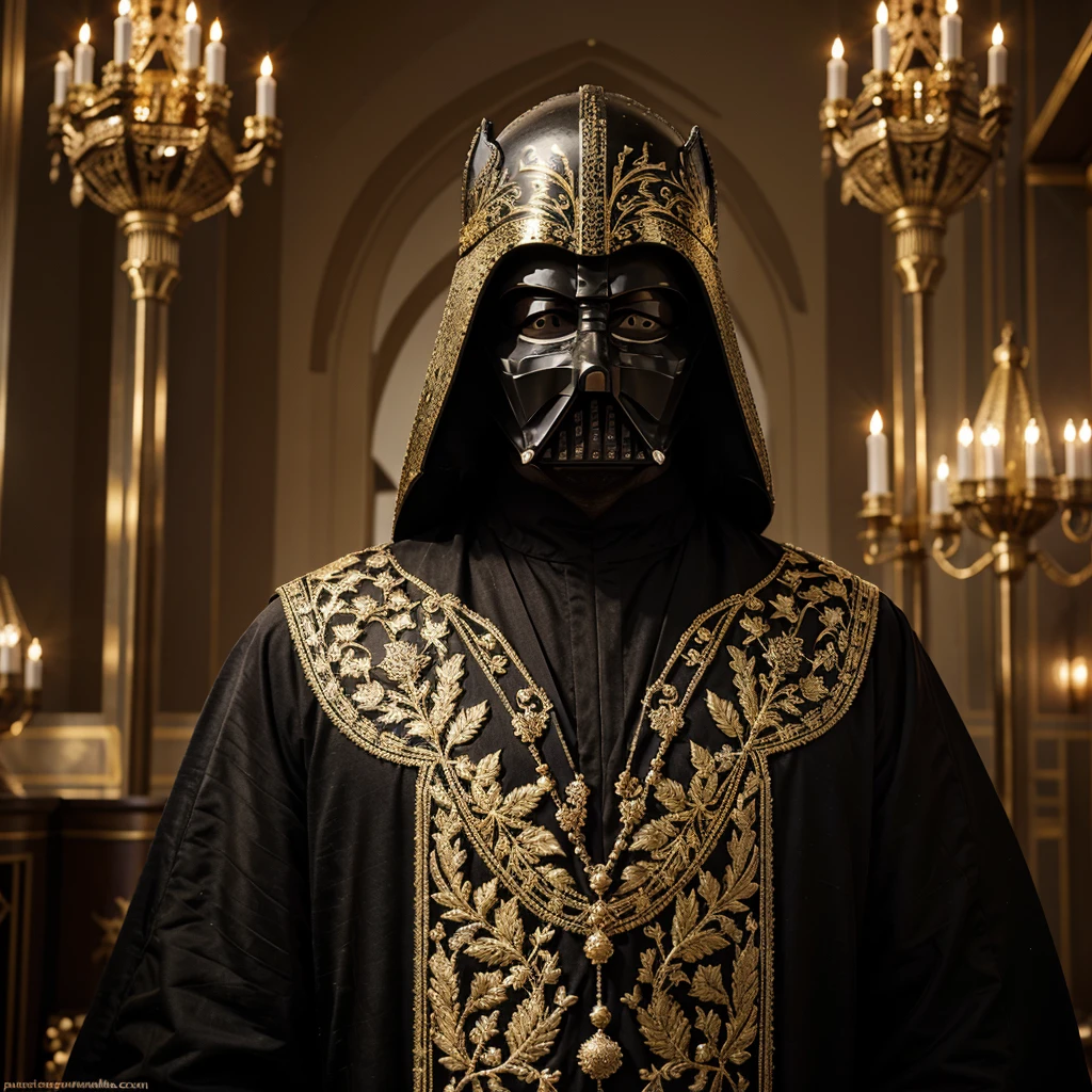 Portray Darth Vader, iconic character from Star Wars, in traditional Russian clothes. Instead of his usual black suit, let him be dressed in a rich Russian caftan, decorated with intricate patterns and gold embroidery. His helmet and other elements of his costume may remain, but with the addition of Russian decorative elements and ornaments. The background can be the Kremlin or a winter landscape, to emphasize the Russian style."