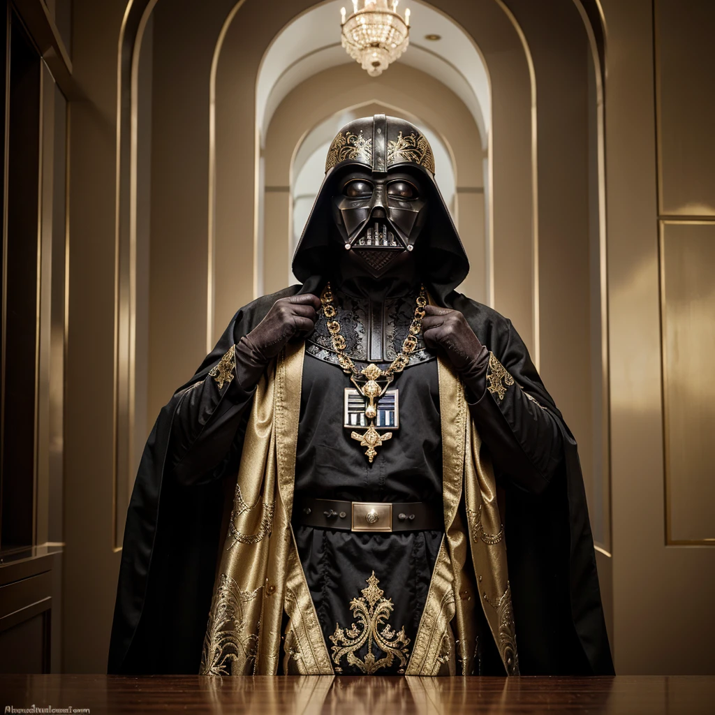 (Renaissance) painting of darth vader in pink fur as a fashion model, vogue, oil paint on dark background masked Darth Vader by manet