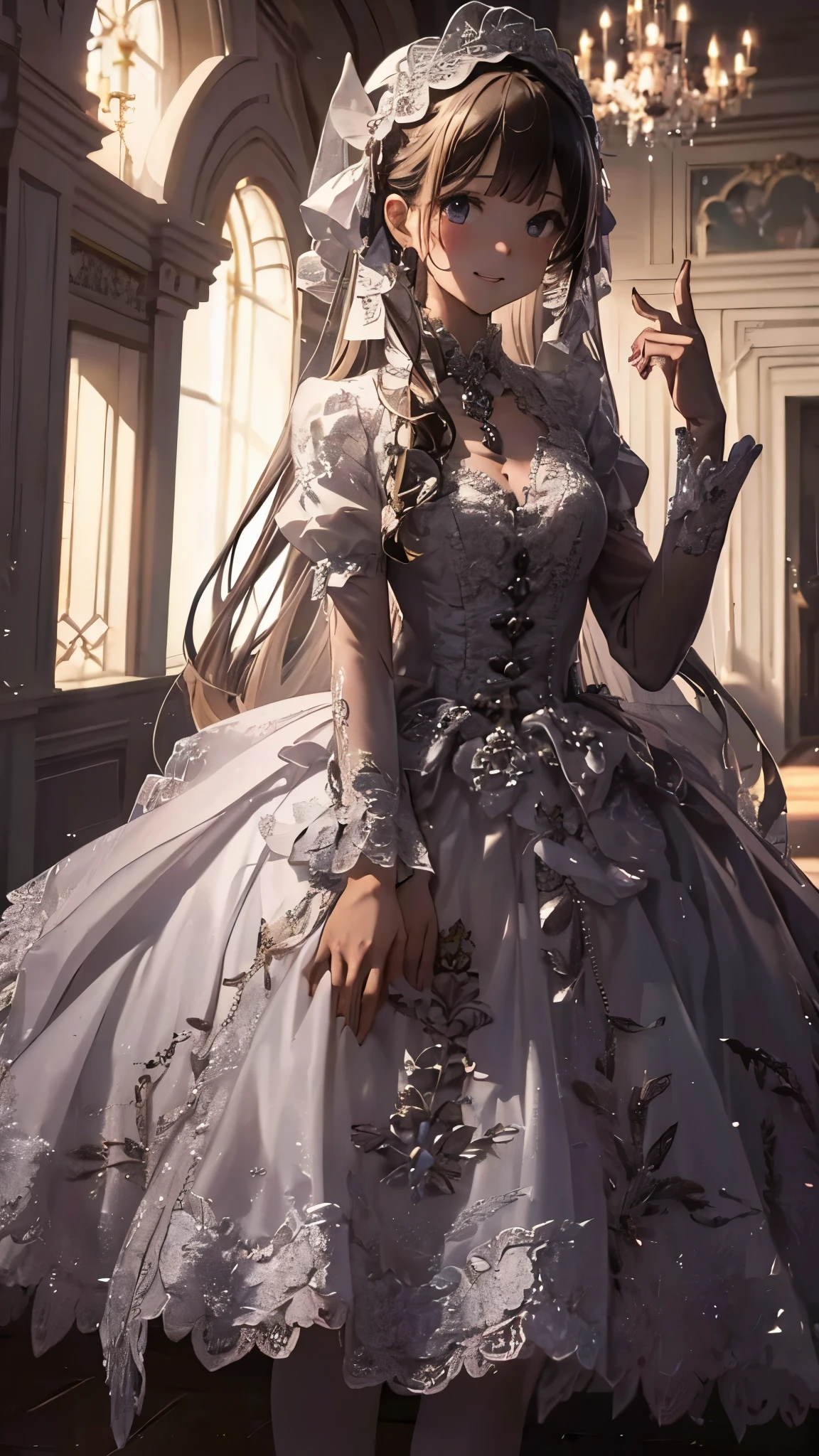 ((4K、8K、quality、Perfect Finger: 1.Perfect anatomy: 1.3、The background is blurred out))、(Transform the sequence)、((a beautiful slender girl、Shy Laughter、Cute big droopy eyes、Long straight hair with sides facing up、ar old girl、Small bust uniform tights、longer sleeves、Ornately decorated headband))、(high legs)、Permanent、Full body depiction、wide wide shot、In the noble hall、