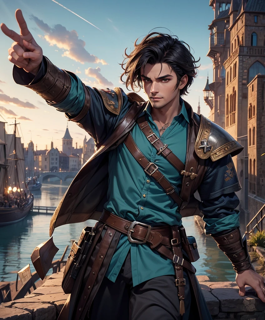 score_9, score_8_up, score_8,  (((Single character image.))) (((1boy))) (((Dressed in medieval fantasy attire.)))     (((This character is very sexy and dashing.))) Generate a daring, thrilling swashbuckler with a charm and style that is irresistible.  This is a character designed for a swashbuckler setting, near an exciting port town inhabited by dangerous thugs and other criminals.  He should be dashing, attractive and a charming and daring adventurer.  He wears stylish swashbuckler fashion with dark hair, dark features and a muscular build. (((Background of the image is the medieval style port town.))) (masterpiece, top quality, best quality, official art, beautiful and aesthetic:1.2), extreme detailed,  colorful, highest detailed,  best quality:1.0,hyperealistic:1.0,photorealistic:1.0,madly detailed CG unity 8k wallpaper:1.0,masterpiece:1.3,madly detailed photo:1.2, hyper-realistic lifelike texture:1.4, picture-perfect:1.0,8k, HQ,best quality:1.0, 