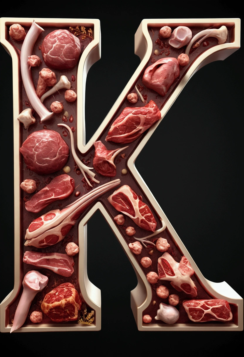 letter "k" made by meat, meat, BONES OR ORGANS, 3D model, elegant, realist, ADD A LOT OF BLOOD