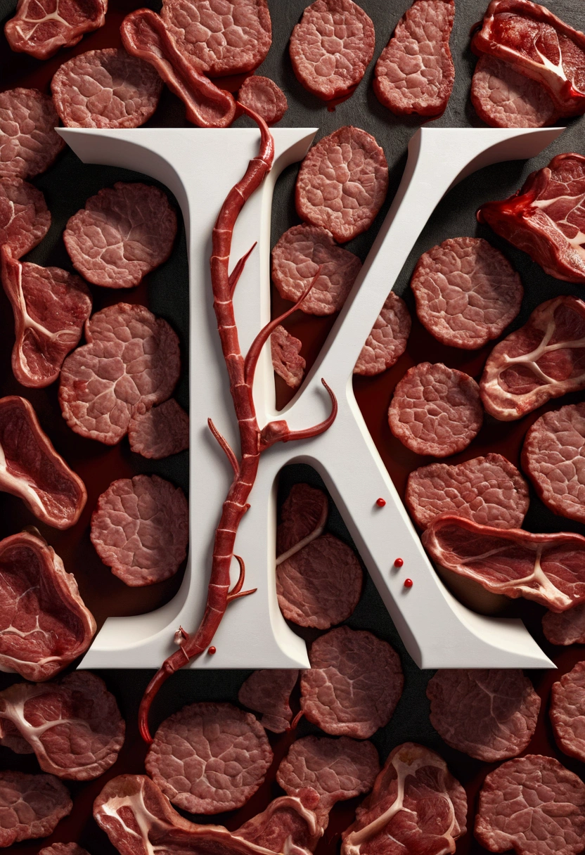 letter "k" made by meat, meat, BONES OR ORGANS, 3D model, elegant, realist, ADD A LOT OF BLOOD