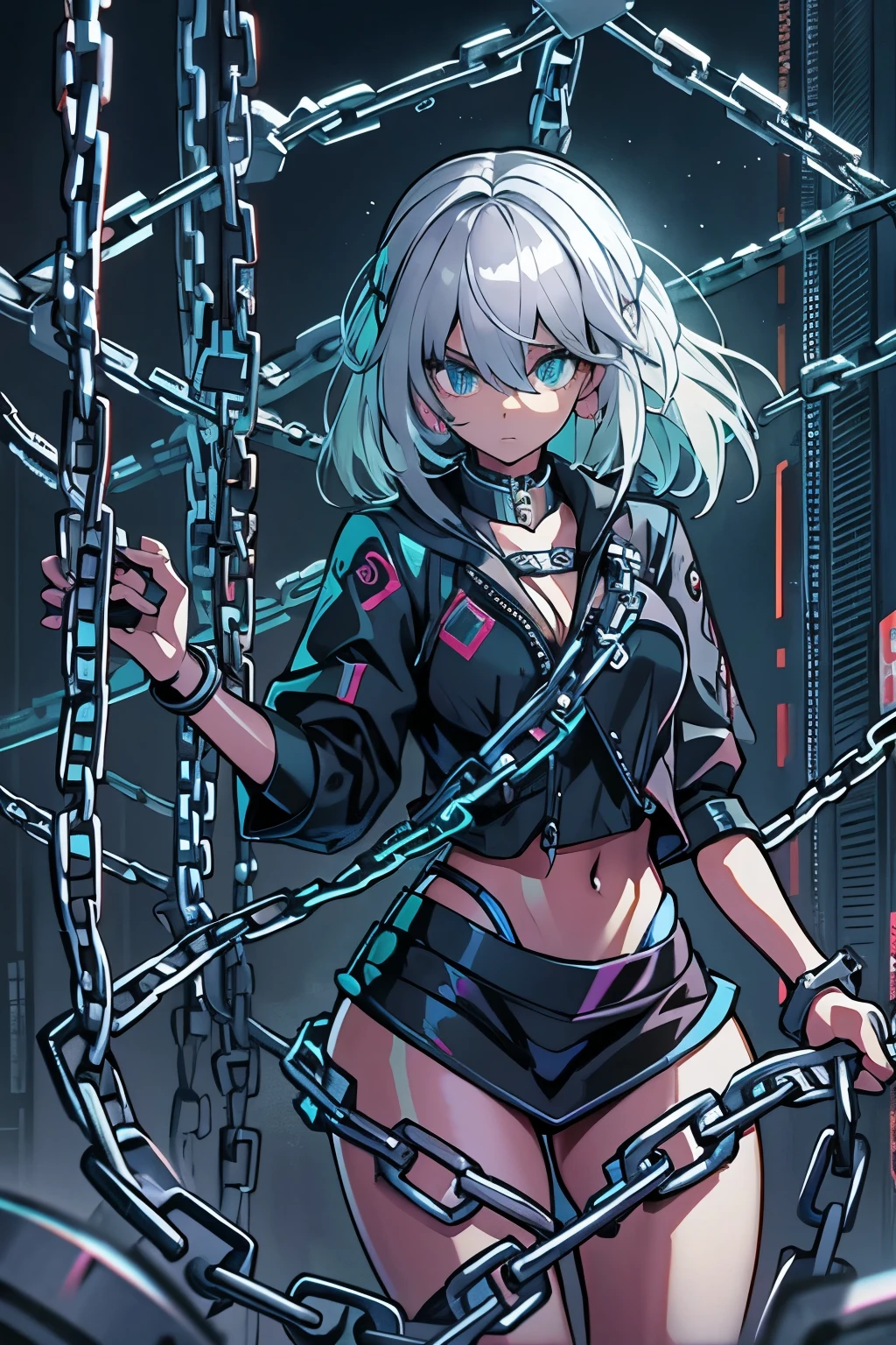 Android Girl,white hair,short and messy hair, purple neon eyes, Holding a chain whip,chains on the hands,chains action, chains around her arm, very cute, skirt, white blouse, cyberpunk theme