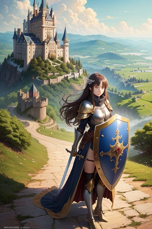 anime girl in golden armor with a sword and shield who is 20 years old in a medieval landscape with the shield raised and a castle in the distance