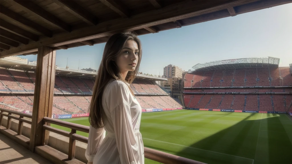 (Masterpiece), ((Best quality)), (Masterpiece,Best quality,offcial art,Extremely detailed Cg Unity 8K wallpaper), , Beauty photo, A lady，solo, student, travel to barcelona in the summer, long hair brown, use open blouse white, in the stadium see FC Bayern play