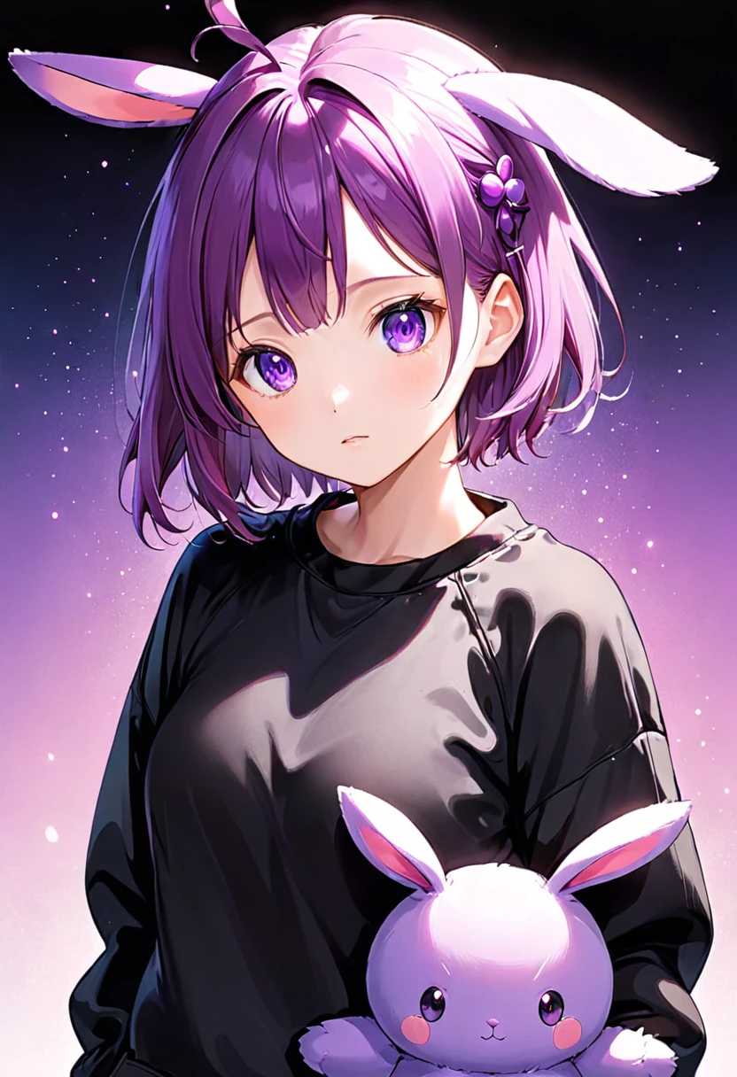 anime girl in black sweatshirt with short purple hair, with big purple bunny ears and purple eyes