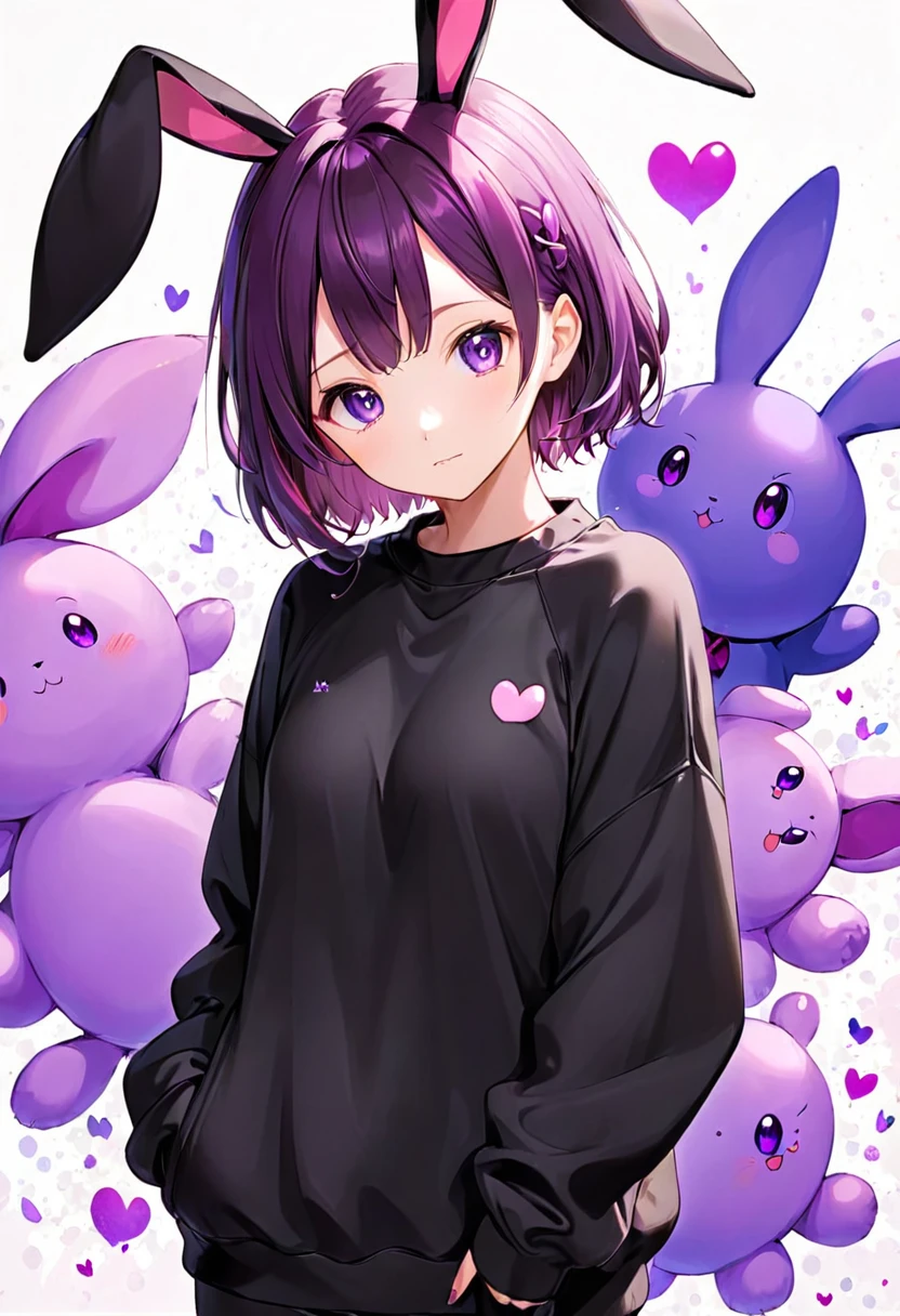 anime girl in black sweatshirt with short purple hair, with big purple bunny ears and purple eyes