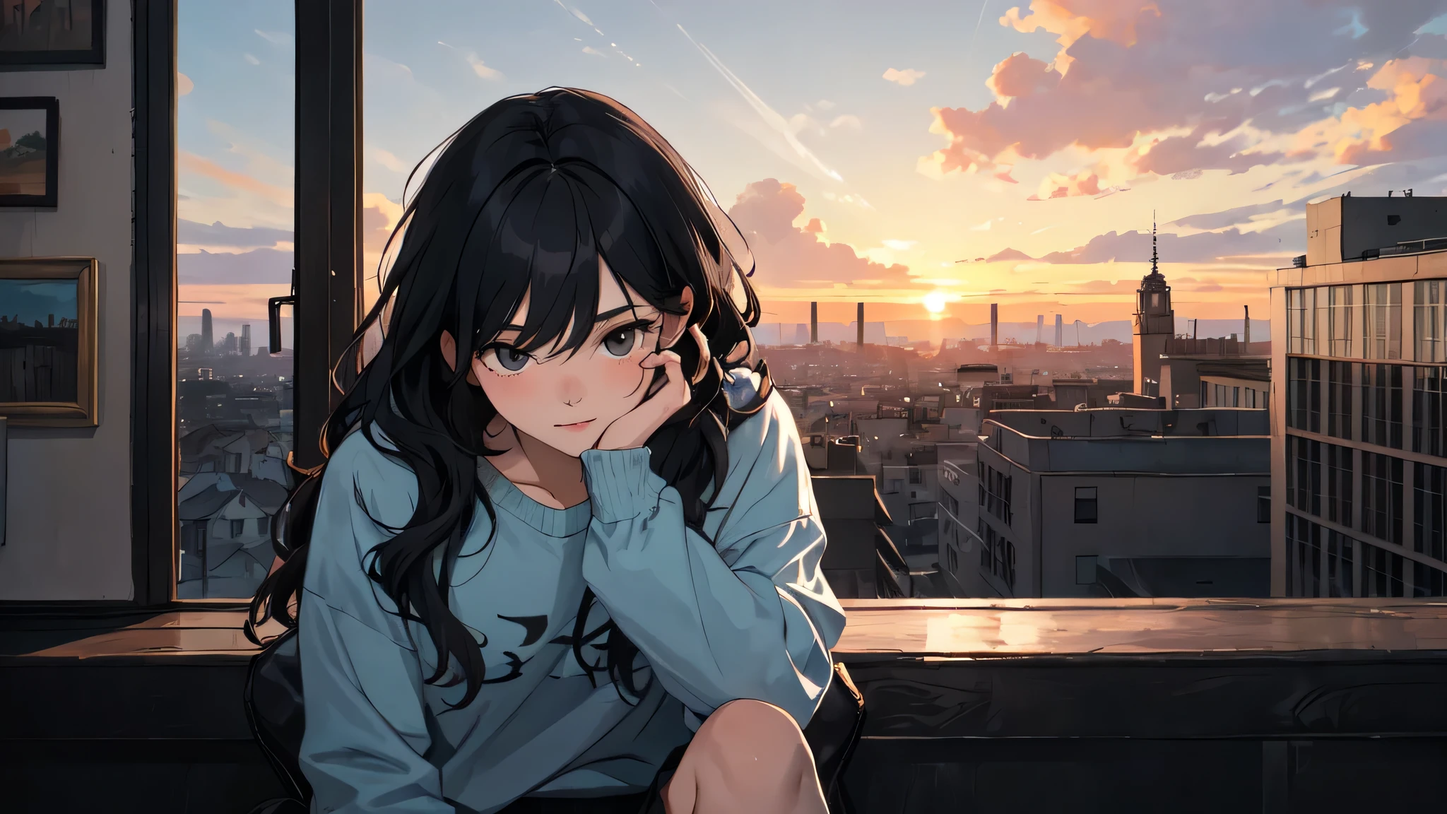 The painting is a masterpiece of art, with a level of quality that is unparalleled. It is a work of absurdity, yet it is executed with meticulous attention to detail in the background. The artist has created a scene that invites the viewer to engage with the central figure.

The character is depicted in the open air, sitting in a cityscape during a sunset. Their upper body is exposed, revealing a sense of vulnerability and intimacy. The figure's small breasts are delicately rendered, their skin glistening with a sheen that adds to the overall sense of vitality. The skin tone is pale, creating a contrast with the vibrant hues of the sunset.

Their hair is long and wavy, framing their face in a natural manner. The bangs add a touch of femininity, while the black hair is lustrous and healthy. The figure is bare-legged, wearing a sweatshirt that contrasts with the skirt they are wearing. A slight smile plays on their lips, adding a touch of mystery and allure.