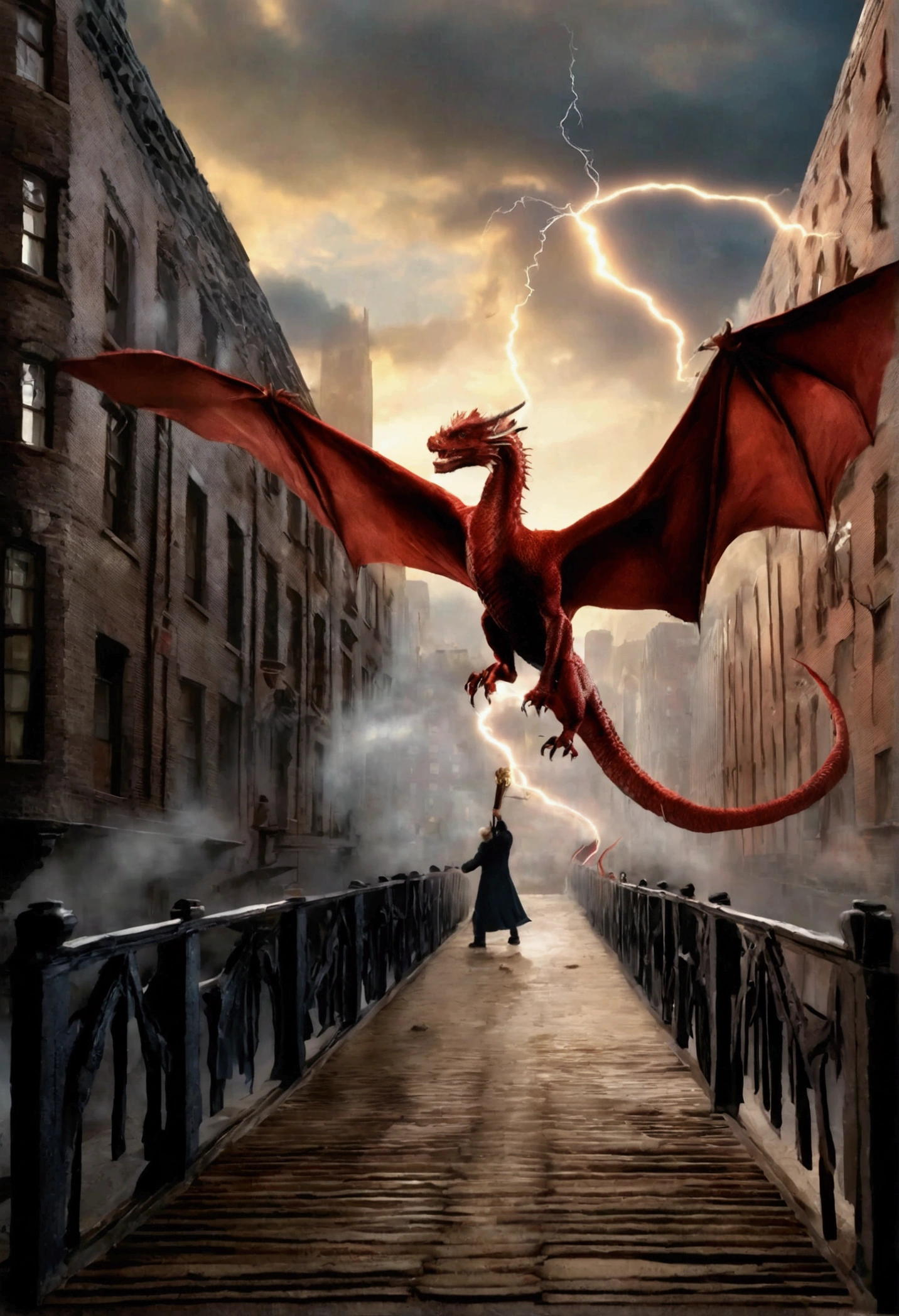 photography, best studio quality, detail, cinematic, masterpiece, scene from the movie "Fantastic Beasts", wizard with a magic wand, dynamic destruction of bridge and building, falling stones, lightning, red dragon flying in the sky, hyperrealism