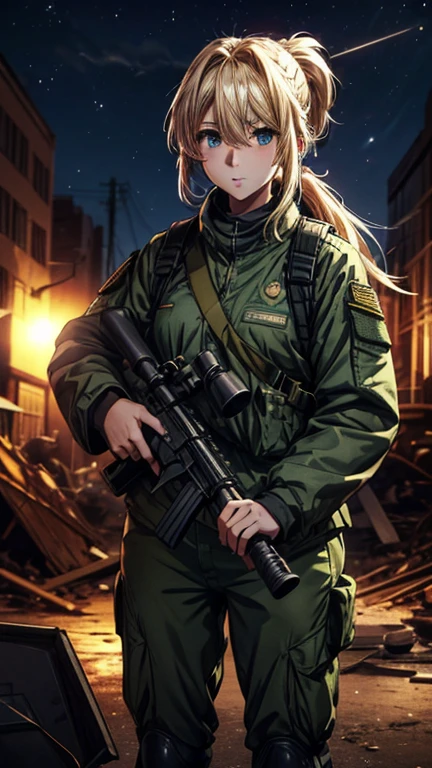 high quality, High-resolution images, Full HD、8k.A young girl with blonde hair and a ponytail wearing a US military uniform and a helmet pulled down low on her head., He has a rifle.、Late night city, Put on a night scope,Binoculars night vision scope, Pitch black. The light from the night scope is green.,,(Shooting a gun from the rubble),((Lower the night scope to your eye,))