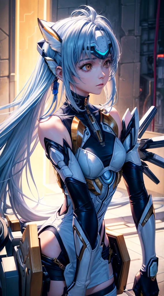 top-quality、masterpiece、超A high resolution、(Photorealsitic:1.4)、女の子1人、Light blue hair、Straight hair, shiny and clean hair、White shiny skin、Sexy Cyberpunk Girl、((super realistic details))、Shadow、octan render、ultrasharp、hyperdetailed face、Fiberglass、Luminous tube、highly intricate detail、Realistic light、CGSoation Trends、((Golden Eyes))、(Facing the camera)、neon detailechanical limbechanical vertebrae attached to the back、mechanical cervical attaching to neck、Wires and cables connecting to the head、((valkyrie))、((Beam Cannon))、Combat stance