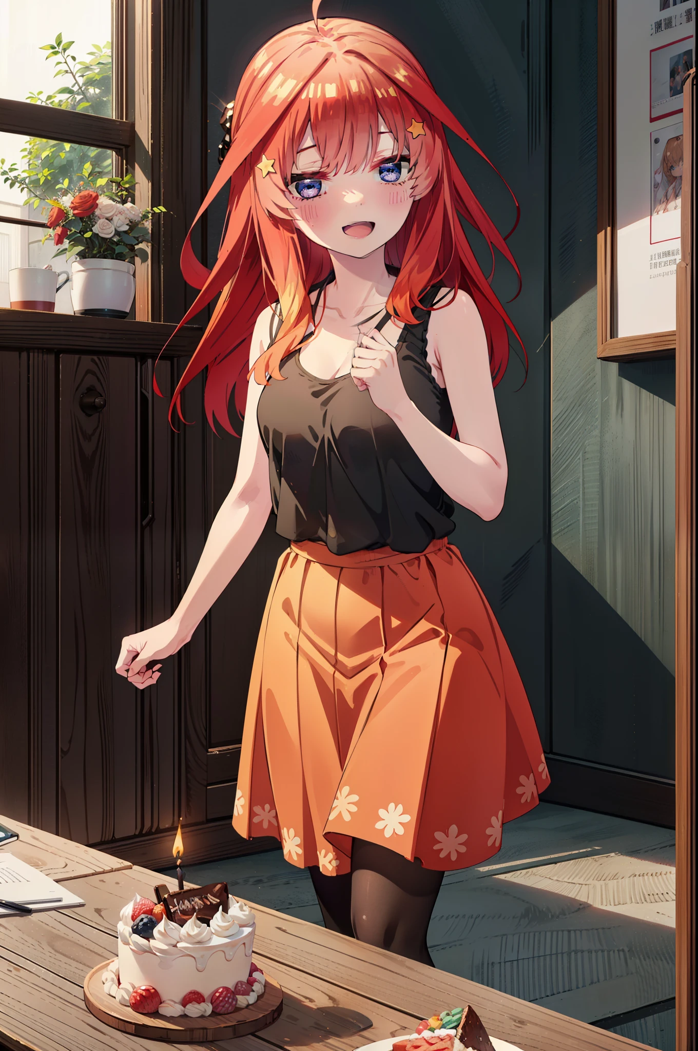 itsukinakano, Itsuki Nakano, bangs, blue eyes, Hair between the eyes, Ahoge, Redhead, star \(symbol\), hair ornaments,happy smile, smile, Open your mouth,cracker, star hair ornaments,Red Tank Top,Long skirt,Black pantyhose,Indoor slippers,Walking,There is food and a birthday cake on the table,whole bodyがイラストに入るように,
break indoors, room,
break looking at viewer,whole body,
break (masterpiece:1.2), Highest quality, High resolution, unity 8k wallpaper, (figure:0.8), (Beautiful attention to detail:1.6), Highly detailed face, Perfect lighting, Highly detailed CG, (Perfect hands, Perfect Anatomy),