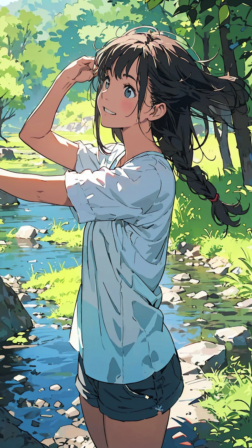 Affordable design, Clear lines, High Sharpness, (highest quality,8K,Perfect sharpness,Ultra fine,High resolution,masterpiece:1.2), Perfect Anatomy:1.5, Official Art, Illustrations that tell a story, (Whitish background:0. 9）、Body Positivity、Diverse physical expressions、(Random and mysterious poses)）、Perfect beauty、Perfect beautiful face、(Very strong wind)、A rich expression、Dynamic composition、Golden ratio composition、Farbeful、（(Farbe々Different angles and perspectives)）、Anime drawings、（(Overcoming stereotypes)）、 Glowing Skin、（Natural beauty）、bangs、Straight Long Hair、（Soft and flowing hair）、（countryside）、（(Nostalgic atmosphere)）、（(Playful and carefree)）、（diverse characters）、（(Graceful posture)）、（Sunny atmosphere）、（vivid Farbe）、Shorts、Brown Hair、A light smile、 ((Emotional))、Bangs、Natural reaction、Summer outfit、(Braided Hair)、Show off your thighs、Strong winds、Cheerful pose、(Country Road)、Outdoor、Nature、(Angle from below)、
