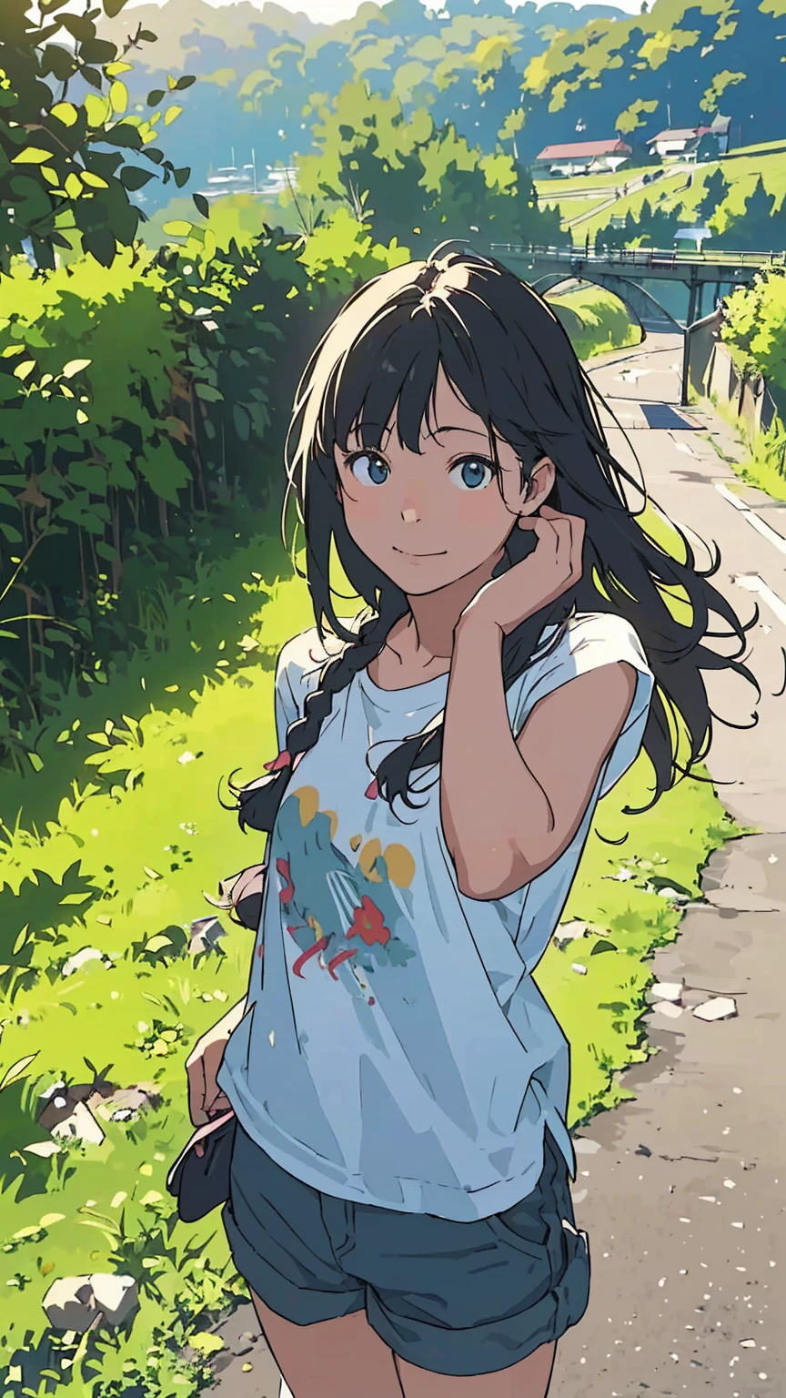 Affordable design, Clear lines, High Sharpness, (highest quality,8K,Perfect sharpness,Ultra fine,High resolution,masterpiece:1.2), Perfect Anatomy:1.5, Official Art, Illustrations that tell a story, (Whitish background:0. 9)、Body Positivity、Diverse physical expressions、(Random and mysterious poses))、Perfect beauty、Perfect beautiful face、(Very strong wind)、A rich expression、Dynamic composition、Golden ratio composition、Farbeful、((Farbe々Different angles and perspectives))、Anime drawings、((Overcoming stereotypes))、 Glowing Skin、(Natural beauty)、bangs、Straight Long Hair、(Soft and flowing hair)、(countryside)、((Nostalgic atmosphere))、((Playful and carefree))、(diverse characters)、((Graceful posture))、(Sunny atmosphere)、(vivid Farbe)、Shorts、Brown Hair、A light smile、 ((Emotional))、Bangs、Natural reaction、Summer outfit、(Braided Hair)、Show off your thighs、Strong winds、Cheerful pose、(Country Road)、Outdoor、Nature、(Angle from below)、