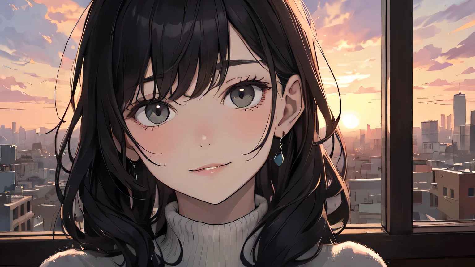 The painting is a masterpiece of art, with a level of quality that is unparalleled. It is a work of absurdity, yet it is executed with meticulous attention to detail in the background. The artist has created a scene that invites the viewer to engage with the central figure.

The character is depicted in the open air, sitting in a cityscape during a sunset. Their upper body is exposed, revealing a sense of vulnerability and intimacy. The figure's small breasts are delicately rendered, their skin glistening with a sheen that adds to the overall sense of vitality. The skin tone is pale, creating a contrast with the vibrant hues of the sunset.

Their hair is long and wavy, framing their face in a natural manner. The bangs add a touch of femininity, while the black hair is lustrous and healthy. The figure is bare-legged, wearing a sweatshirt that contrasts with the skirt they are wearing. A slight smile plays on their lips, adding a touch of mystery and allure.