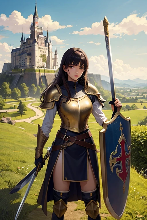 anime girl in golden armor with a sword and shield who is 20 years old in a medieval landscape with the shield raised and a castle in the distance
