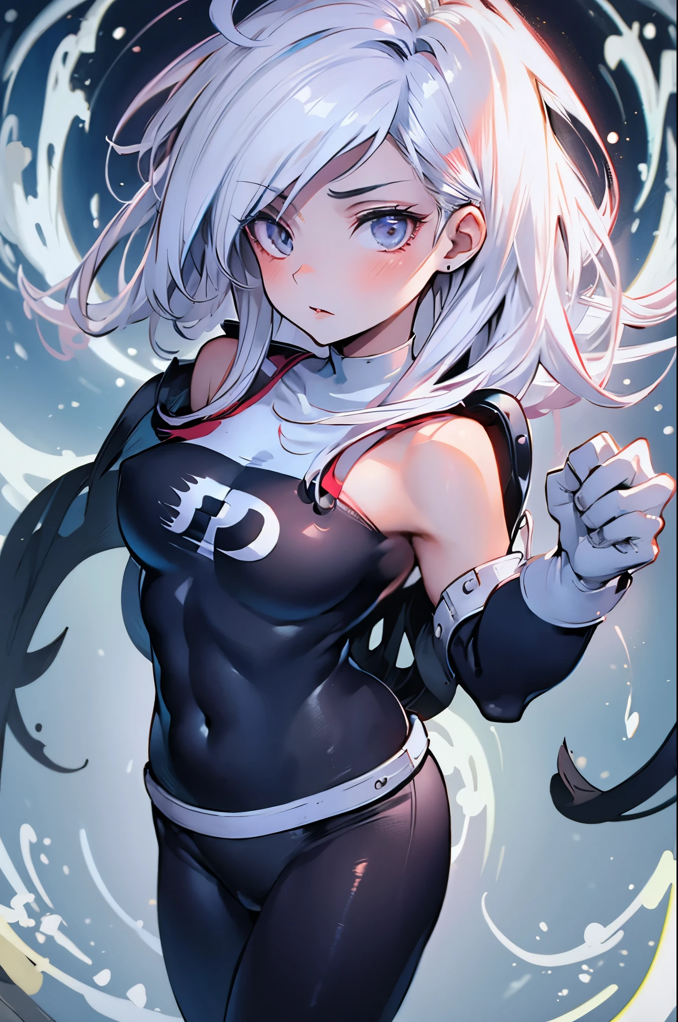 (masterpiece), best quality, expressive eyes, perfect face, highres, 1girl, solo, (female:1.5), danny phantom, white hair, long hair, white gloves, black bodysuit, standing, upper body, looking at the viewer