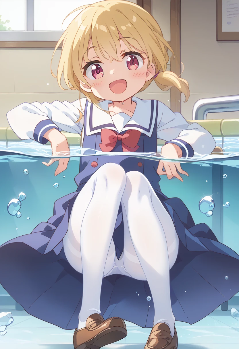 score_9, score_8_up, score_7_up, source_アニメ, masterpiece, 1girl, work, school uniform, blue dress, sailor dress, pinafore dress, white sailor collar,white shirt, red bowtie, long sleeves, flat chest, white pantyhose, loafers, White socks、cowboy shot, looking at viewer, indoors, open mouth, shiny hair, smile, Open your mouth, cuteポーズ, (Completely flooded)、Immersed in water、Transparent pool, Water Play, 、Skirt fully open、Long wide skirt、cute、blush、Watery eye、Lots of water、Wet、((The skirt spreads over the water surface.))、(Drowning)、