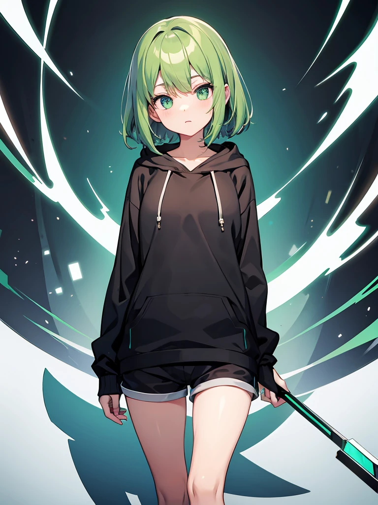 Masterpiece,High Quality,(Full Length 1.2),Animated Standing, Black Shorts,(Black and White Open Hoodie),Black Open Hoodie,(Green Hair 1.4),Animated Girl with short green hair and green eyes,(Detailed Eyes 1.6),(Clear Eyes 1.4),(Beautiful Eyes 1.4),(Shining Eyes 1 .4), White cyan, Green hair, Detailed key animated art, Animated portrait, Shining eyes, Green haired girl, Green light hair, Black shorts, Gray shoes, White socks, Thighs, 4K