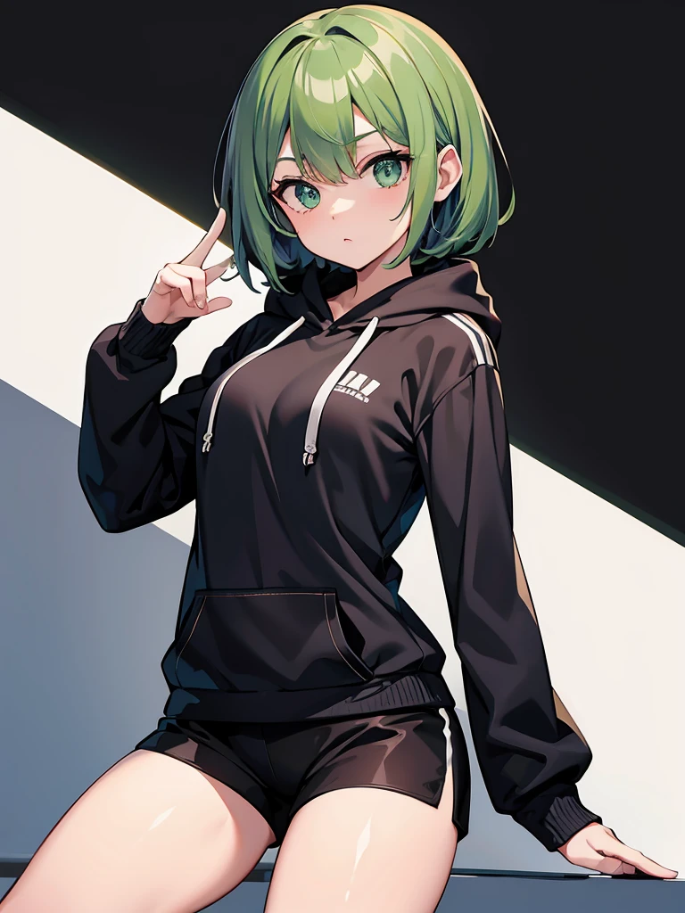 Masterpiece,High Quality,(Full Length 1.2),Animated Standing, Black Shorts,(Black and White Open Hoodie),Black Open Hoodie,(Green Hair 1.4),Animated Girl with short green hair and green eyes,(Detailed Eyes 1.6),(Clear Eyes 1.4),(Beautiful Eyes 1.4),(Shining Eyes 1 .4), White cyan, Green hair, Detailed key animated art, Animated portrait, Shining eyes, Green haired girl, Green light hair, Black shorts, Gray shoes, White socks, Thighs, 4K