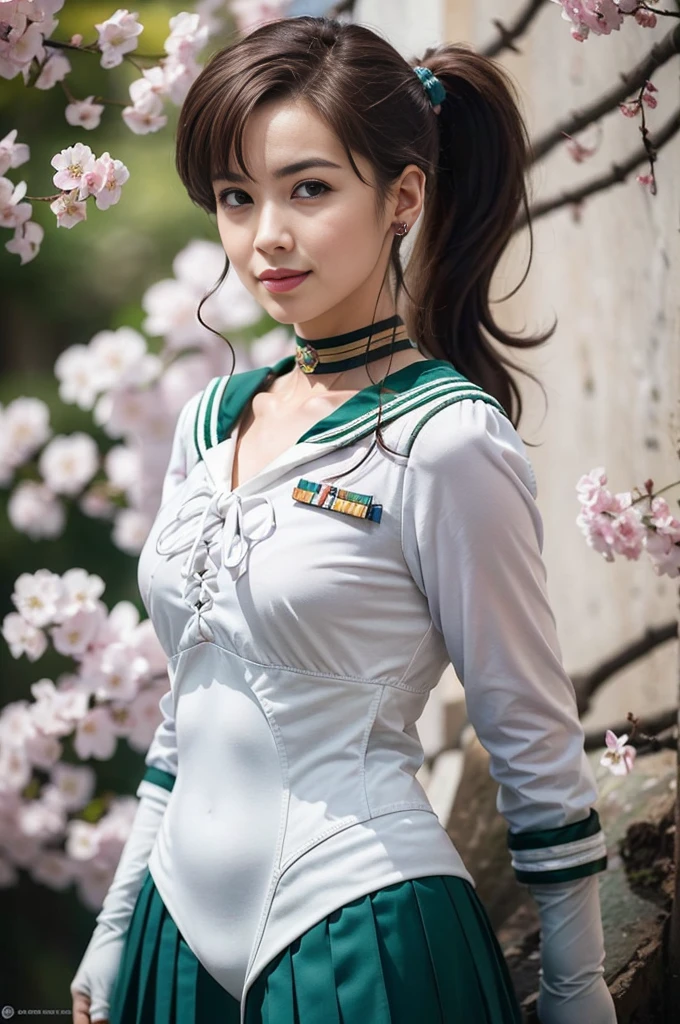 (Full Body Shot:1.7),Japanese,(masterpiece, Highest quality:1.4),One girl, alone, Ham Jupiter, (Green Eyes), ponytail, (tiara:1.2), jewelry, (Sailor Warrior Uniform:1.5), Green sailor collar, choker, Elbow hand pockets, White gloves, Pink ribbon, brooch, White leotard, Green Skirt, Pleated skirt:1), Beautiful Face, Highly detailed face, Highly detailed eyes, Highly detailed skin, Skin pores, Scattered beneath the surface, Realistic pupils, Mid-chest, Sexy smile, Blush all over face, Fuller lips, Cherry blossom tree background, Scattered beneath the surface, Detailed Background, Depth of written boundary, Volumetric lighting, Sharp focus, Absurd, Realistic proportions, Excellent anatomy, (Realistic, hyperRealistic:1.4), 16k hdr,