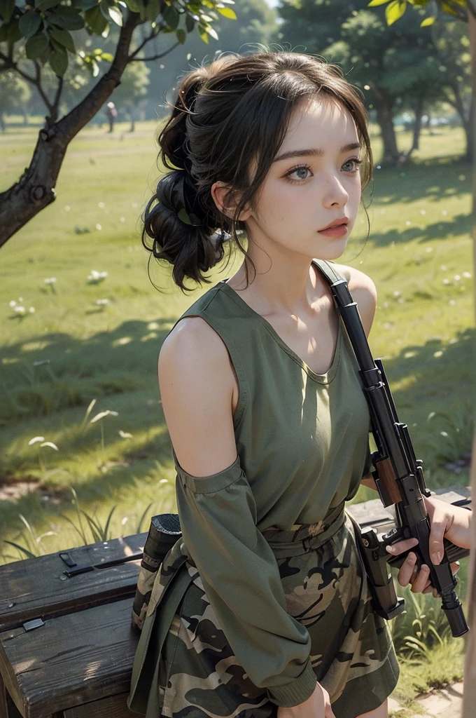 (((best quality))),(((ultra detailed))),(((masterpiece))),illustration,((1girl,sniper,solo)),summer,heat,hair tied back,short ponytail,green camouflage tank top,mini-skirt,shrubbery,sweat,forehead,intent,focused,determined,expression,sun,shadows,discipline,precision,leaves rustling,breeze,bird chirps,insect buzzes,isolation,task,attire,functional,eye-catching,camouflage pattern,blend,foliage,makeup,anonymity,scenery,ghost,calm,collect,rifle steadied,bipod,presence,formidable force,hunter,wild,silent guardian,shadows,vigilant,watchful,essence, Hunter hidden in plain sight