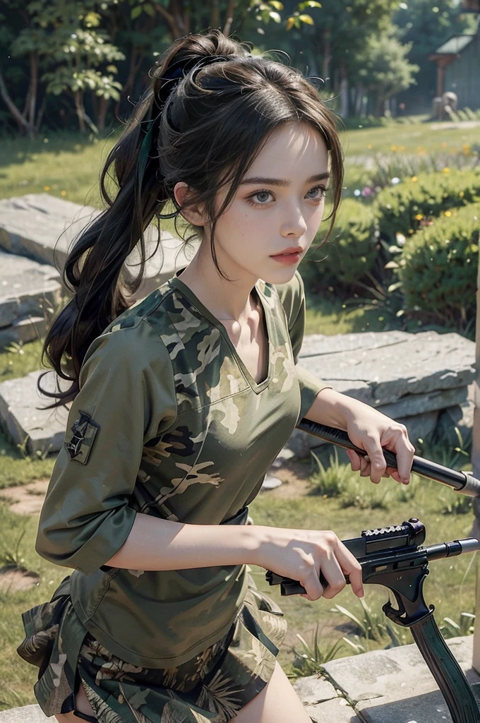 (((best quality))),(((ultra detailed))),(((masterpiece))),illustration,((1girl,sniper,solo)),summer,heat,hair tied back,short ponytail,green camouflage tank top,mini-skirt,shrubbery,sweat,forehead,intent,focused,determined,expression,sun,shadows,discipline,precision,leaves rustling,breeze,bird chirps,insect buzzes,isolation,task,attire,functional,eye-catching,camouflage pattern,blend,foliage,makeup,anonymity,scenery,ghost,calm,collect,rifle steadied,bipod,presence,formidable force,hunter,wild,silent guardian,shadows,vigilant,watchful,essence, Hunter hidden in plain sight