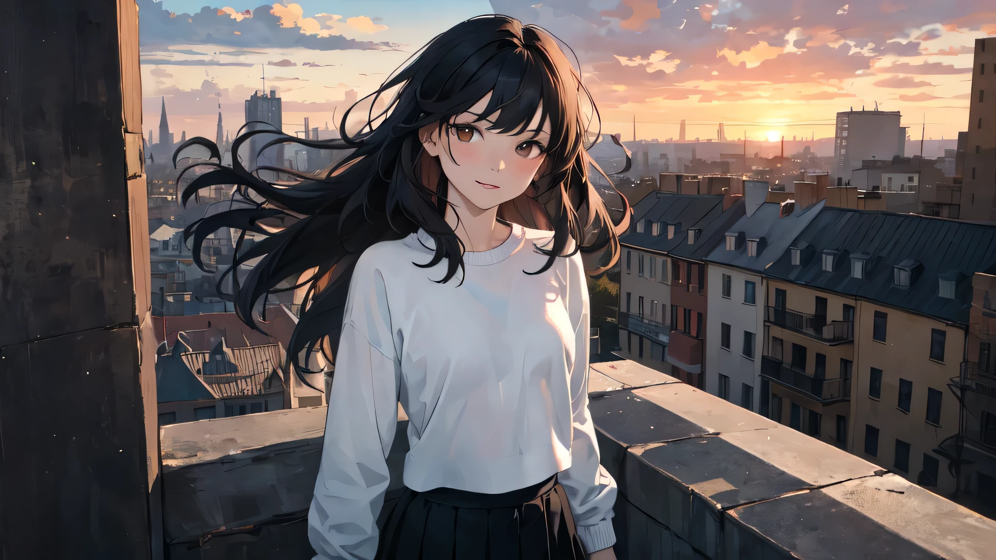 The painting is a masterpiece of art, with a level of quality that is unparalleled. It is a work of absurdity, yet it is executed with meticulous attention to detail in the background. The artist has created a scene that invites the viewer to engage with the central figure.
The character is depicted in the open air, sitting in a cityscape during a sunset. Their upper body is exposed, revealing a sense of vulnerability and intimacy. The figure's small breasts are delicately rendered, their skin glistening with a sheen that adds to the overall sense of vitality. The skin tone is pale, creating a contrast with the vibrant hues of the sunset.
Their hair is long and wavy, framing their face in a natural manner. The bangs add a touch of femininity, while the black hair is lustrous and healthy. The figure is bare-legged, wearing a sweatshirt that contrasts with the skirt they are wearing. A slight smile plays on their lips, adding a touch of mystery and allure.