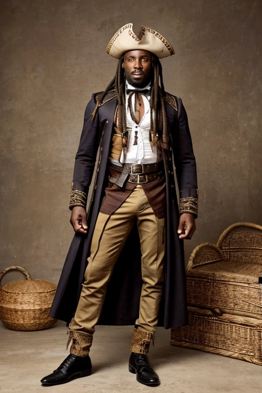 African male with long dreadlocks wearing 1890s pirate outfit, 1 male