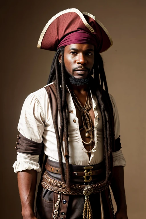 African male with long dreadlocks wearing 1890s pirate outfit, 1 male